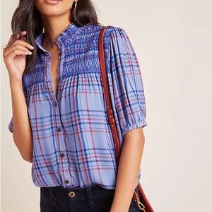 Maeve by Anthropologie Blue Plaid Blouse with Smocking